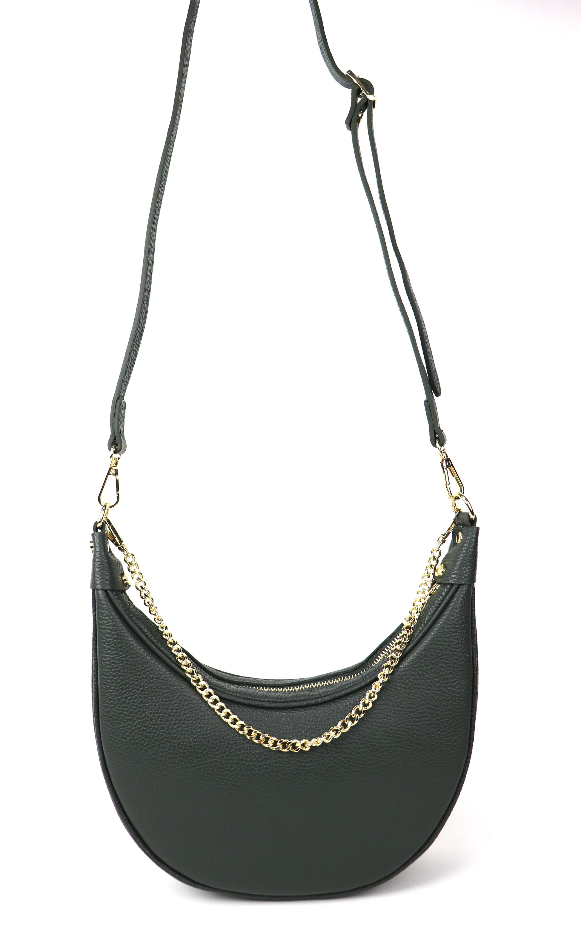 A dark green leather crossbody bag with a gold chain strap, photographed from the front on a white background.