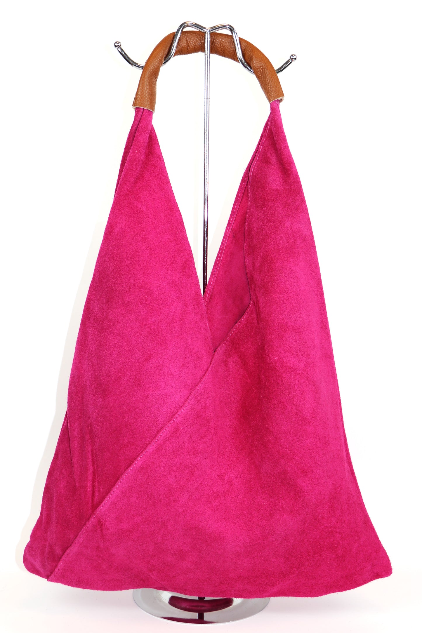 Front view of the Fuchsia Pink Samantha Large Tote Laptop Bag displayed on a stand with brown leather handles.