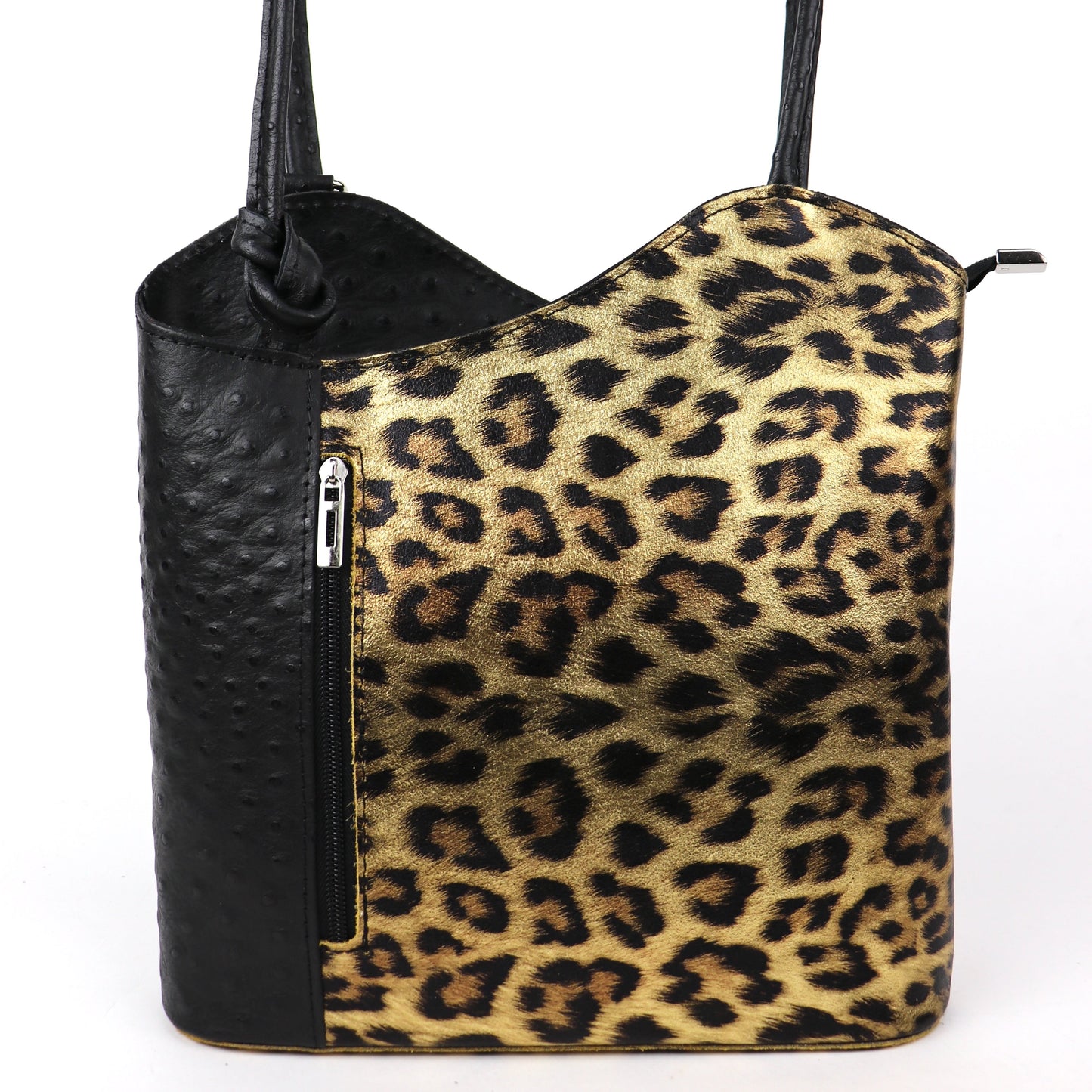 Gold Leopard leather bag front view.