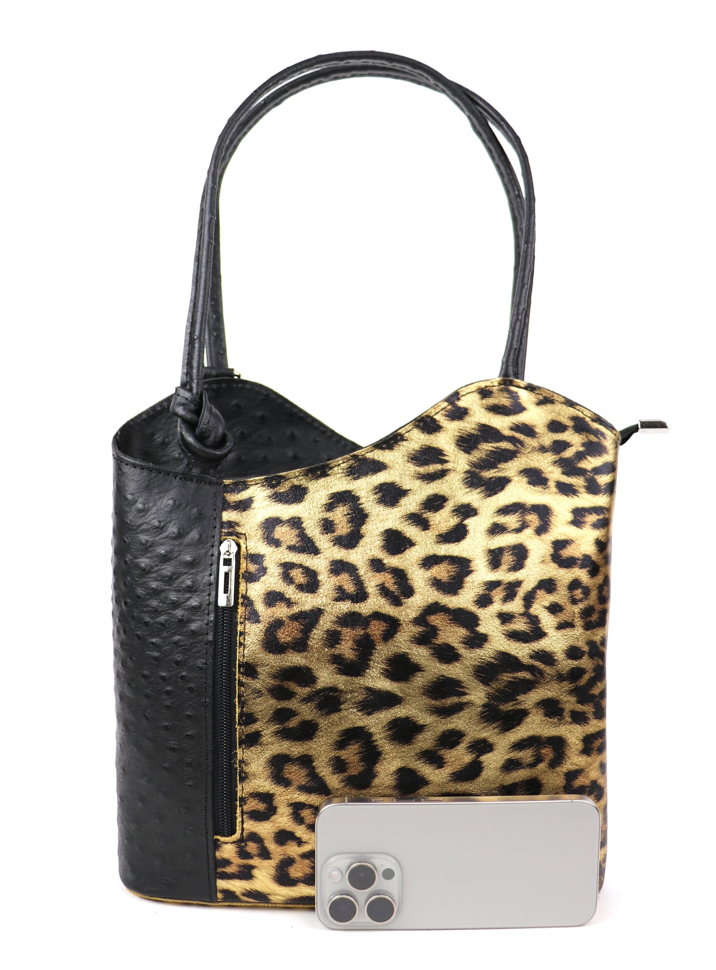 Gold Leopard leather bag front view with iPhone in side pocket.