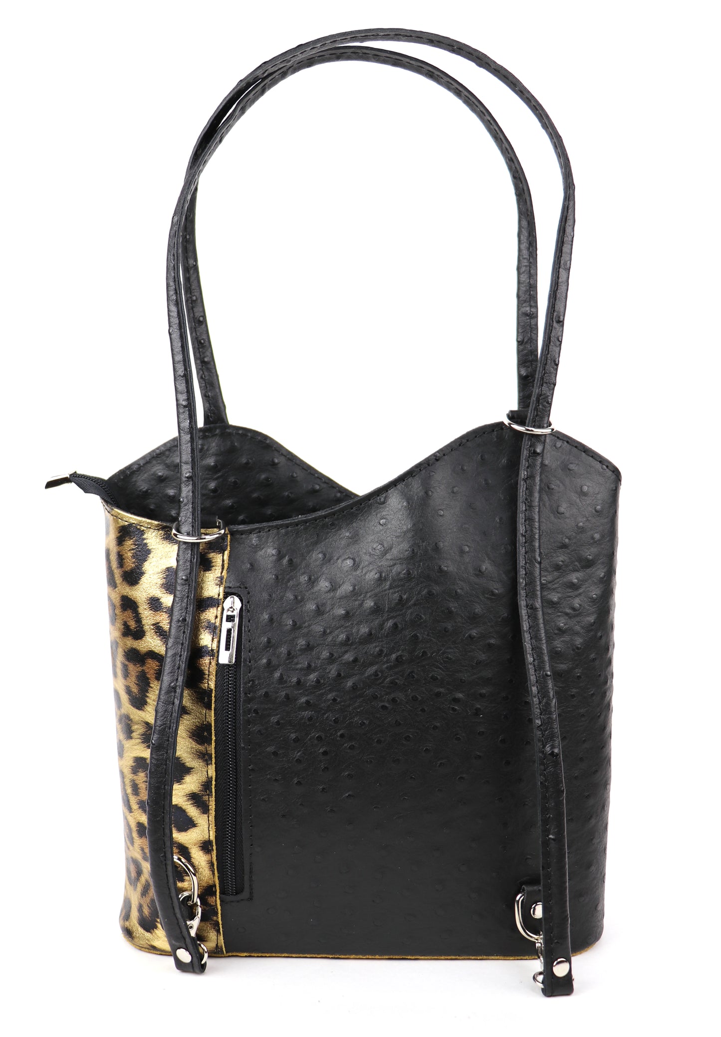 Gold Leopard leather bag back view.
