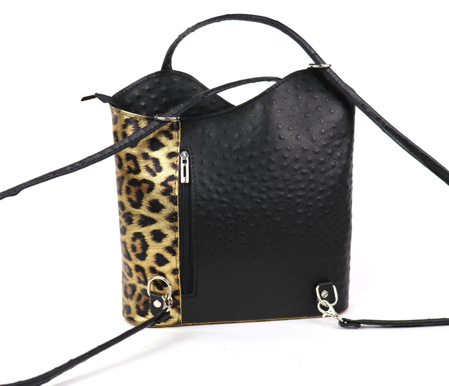 Gold Leopard leather bag back view with straps.