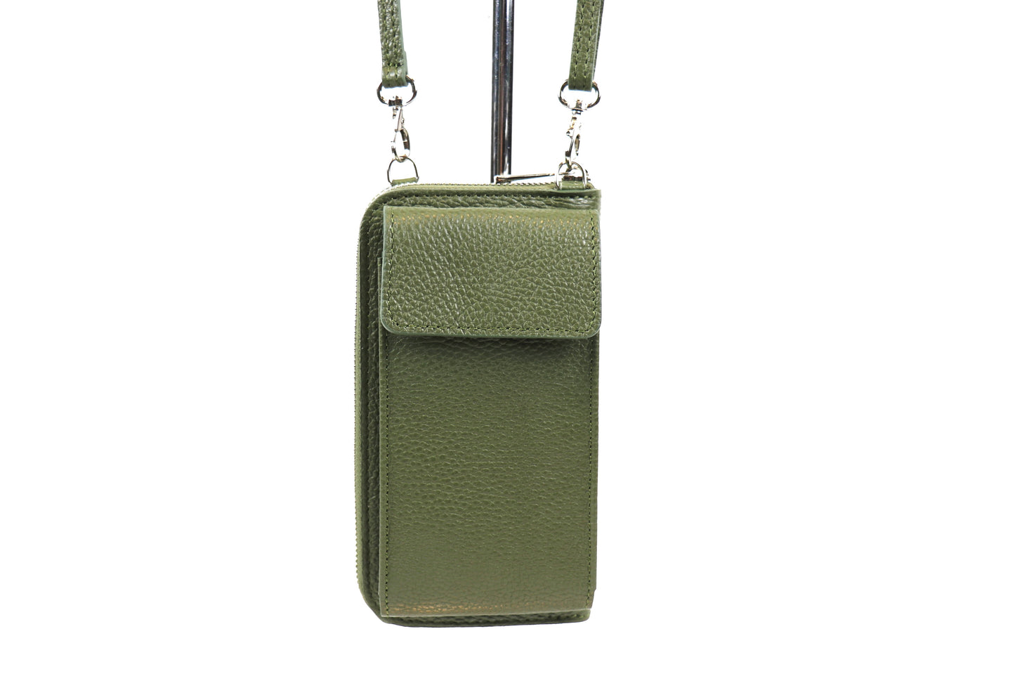 Front view of olive green crossbody bag hanging from a stand.