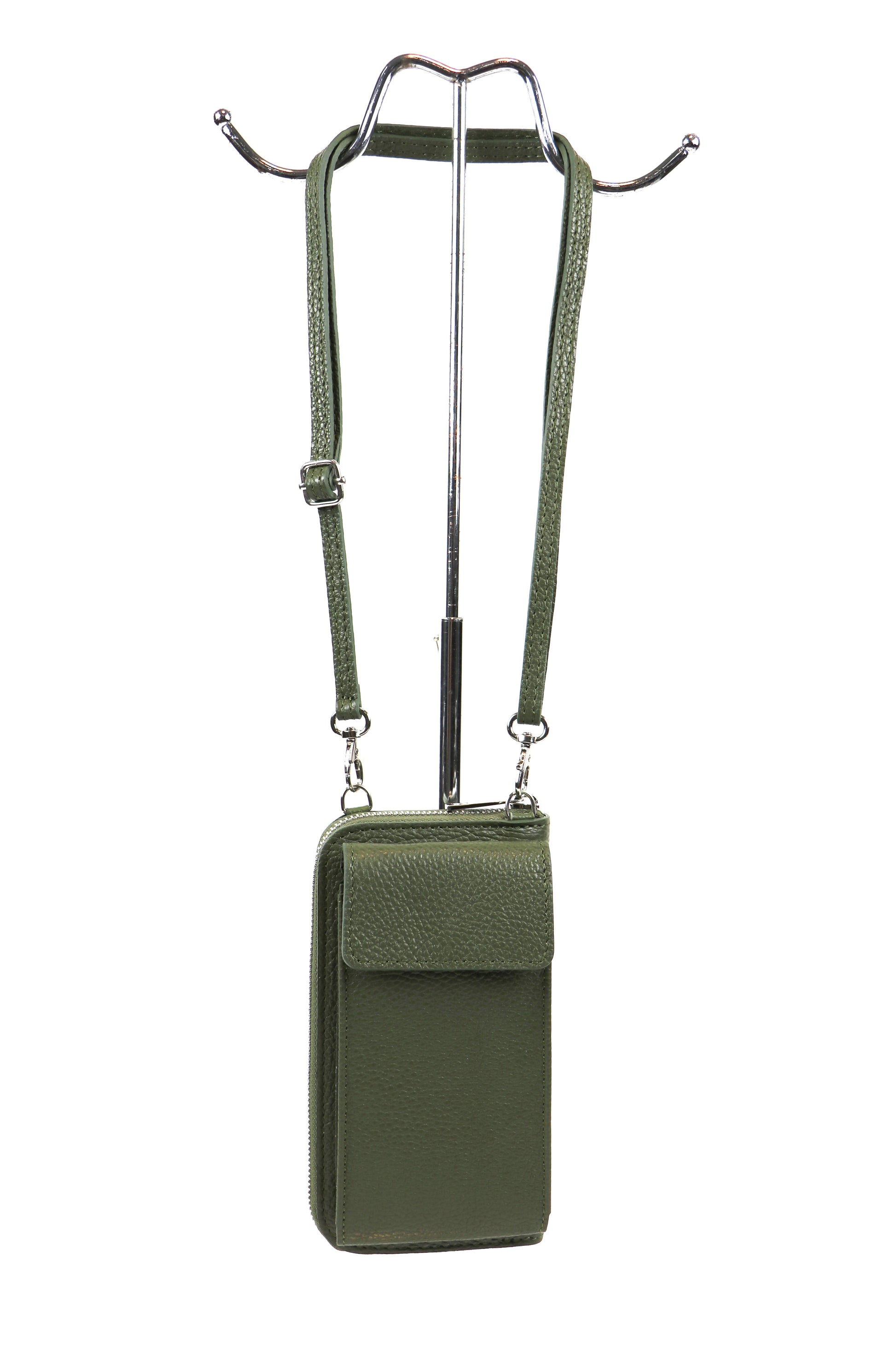 Olive green Vera Leather Crossbody Bag displayed on a stand, front-facing with straps.