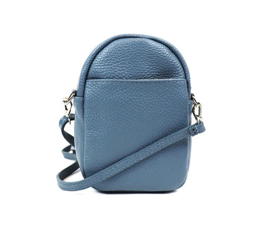 Front view of the Luna Double Zip Italian Leather Crossbody Phone Bag in Denim color with adjustable strap.