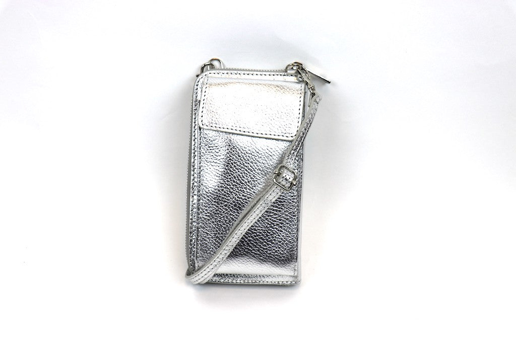 Silver metallic crossbody bag with an adjustable strap and front flap pocket.






