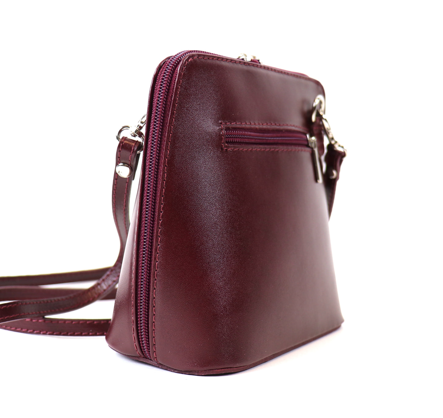 Dark Burgundy Small Handmade Leather Crossbody Bag, back view with an elegant dark tone.
