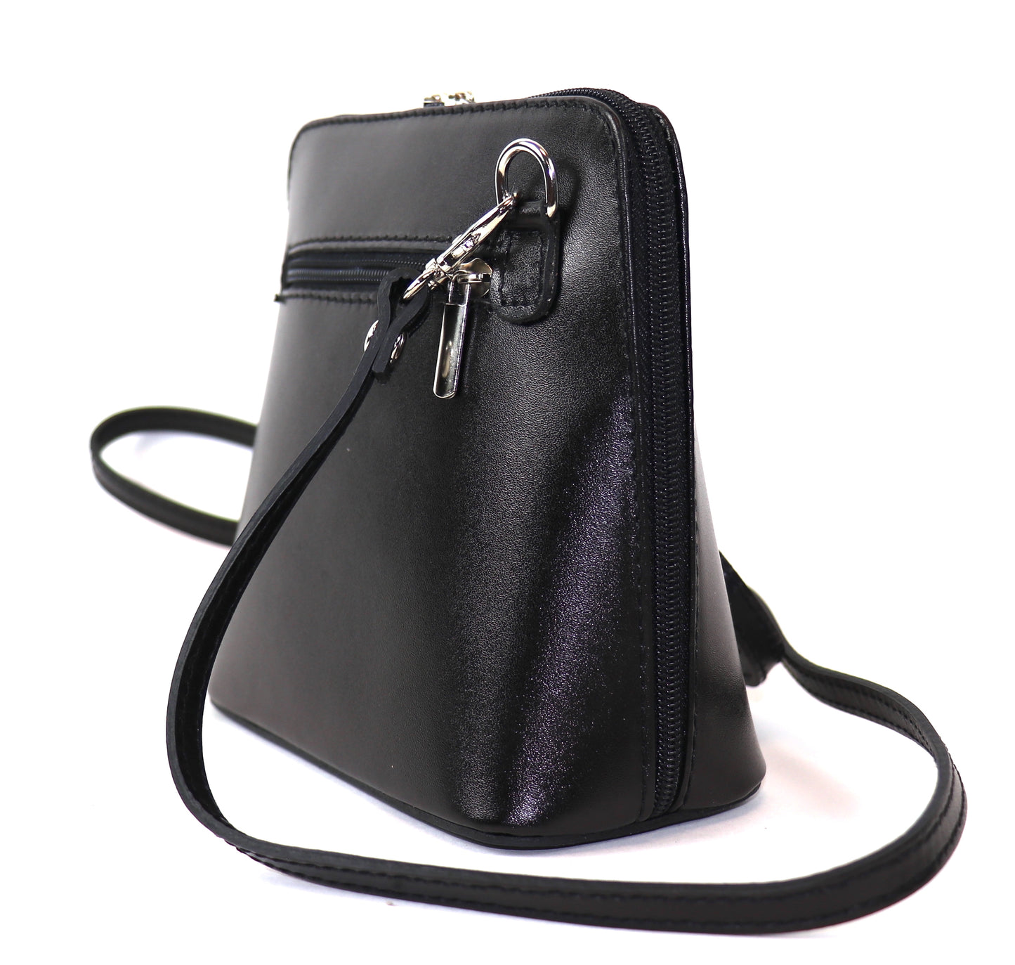 Black Small Handmade Leather Crossbody Bag, back view with a sleek, classic design.