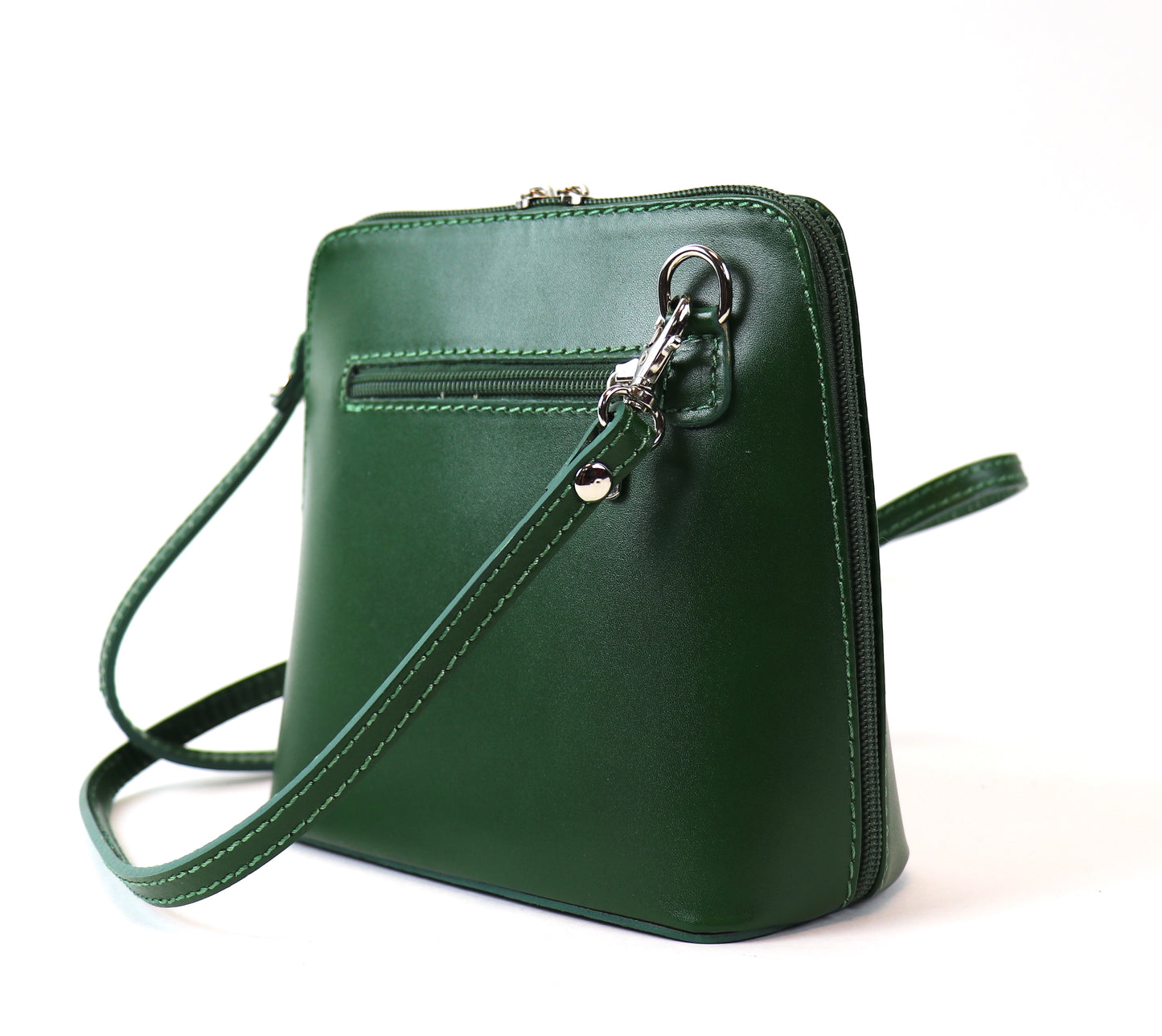 Green Small Handmade Leather Crossbody Bag, side view with an elegant dark green tone.
