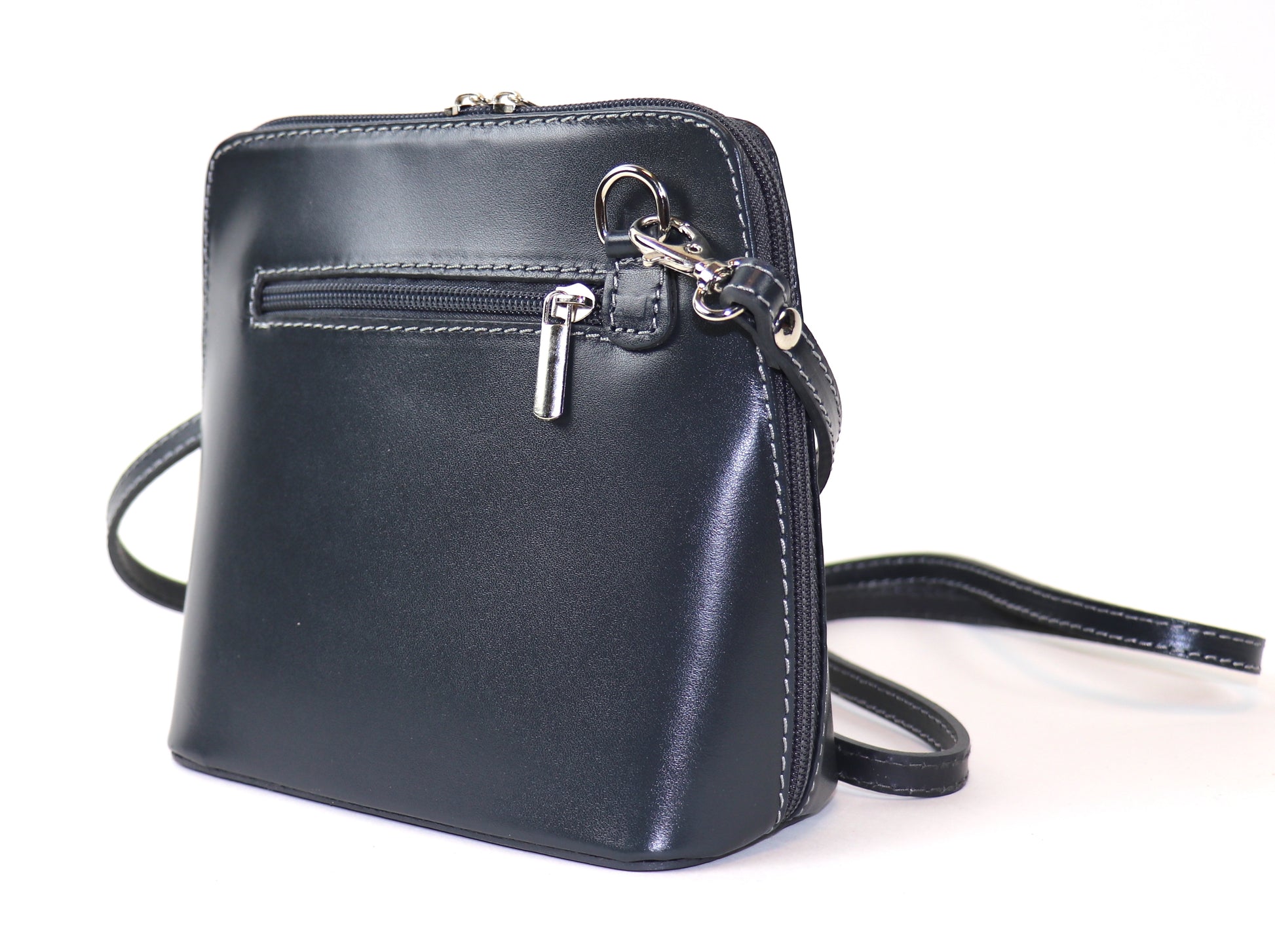 Black Small Handmade Leather Crossbody Bag, back view with a sleek, classic design.
