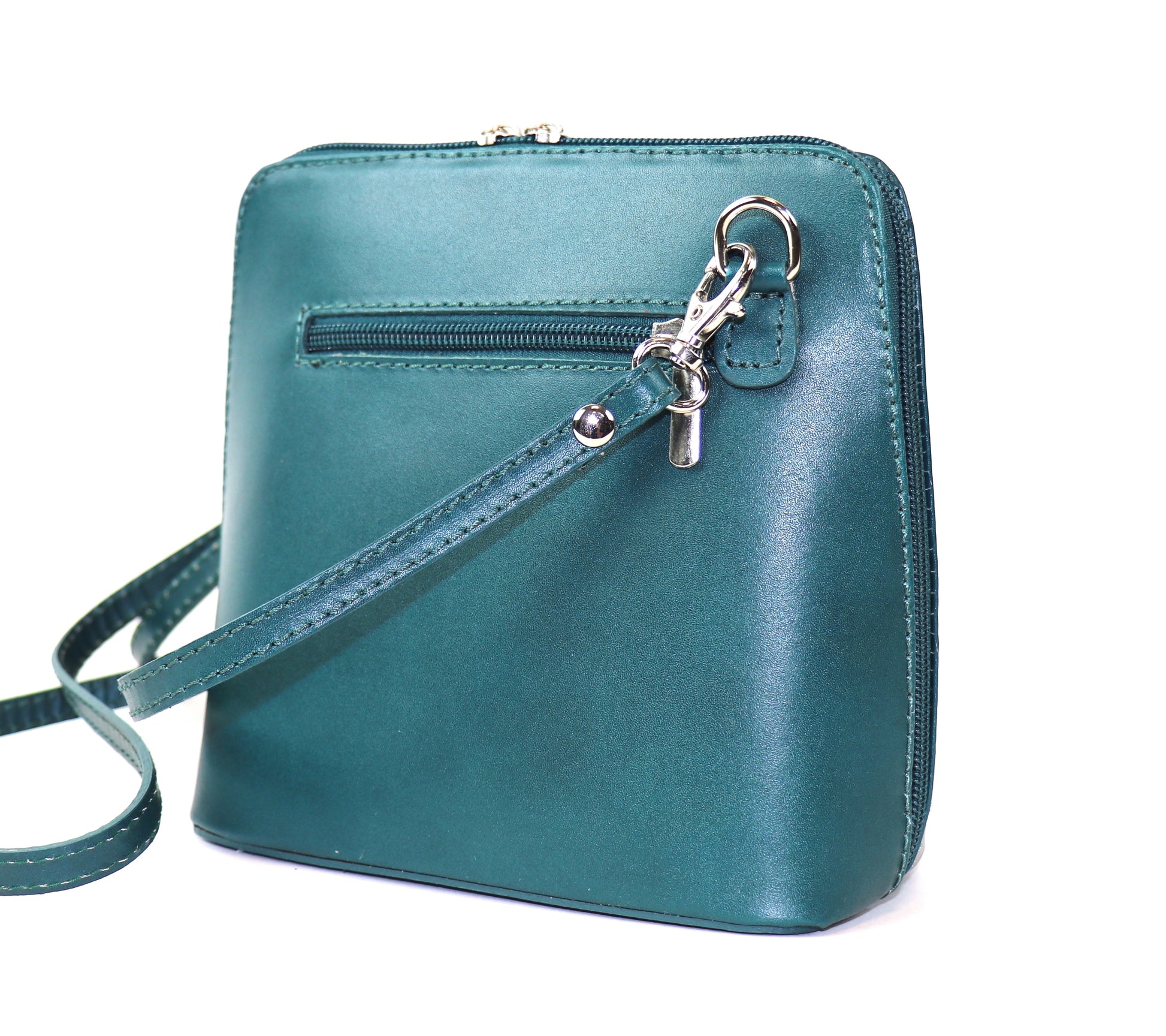  Teal Small Handmade Leather Crossbody Bag, side view highlighting the smooth leather texture.
