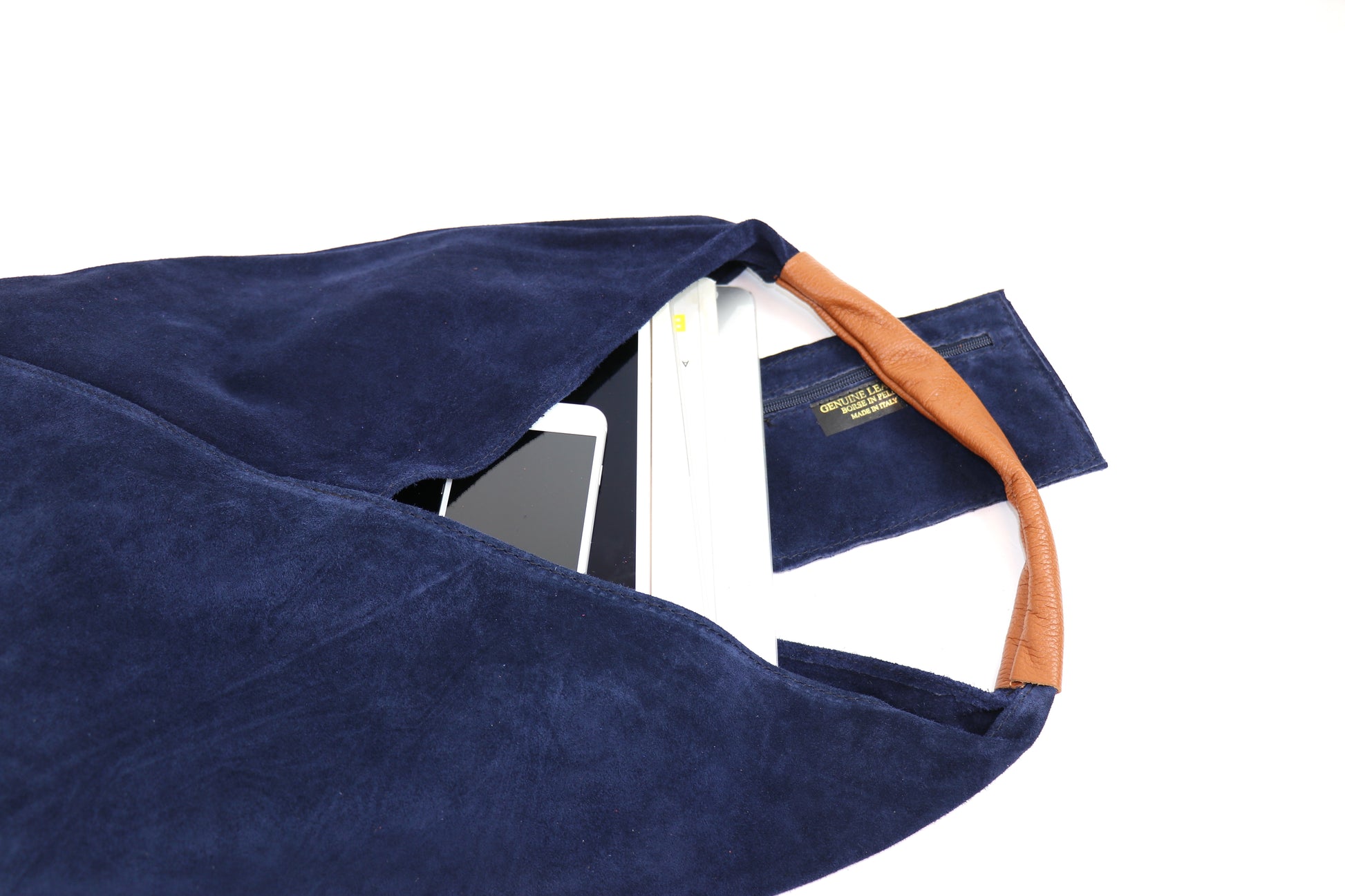 Close-up of the Navy Blue Samantha Tote’s handle and top view.