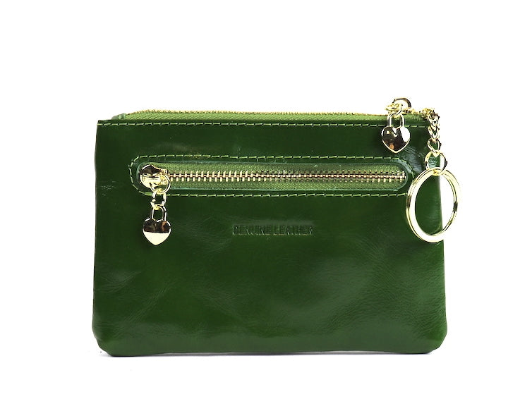 Green leather pouch with a silver zipper and key ring.