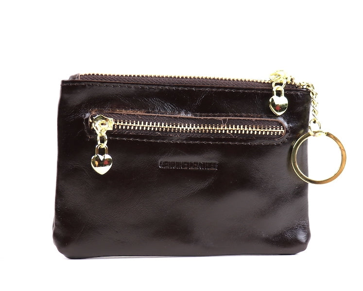 Black leather pouch with a silver zipper and key ring, angled view.