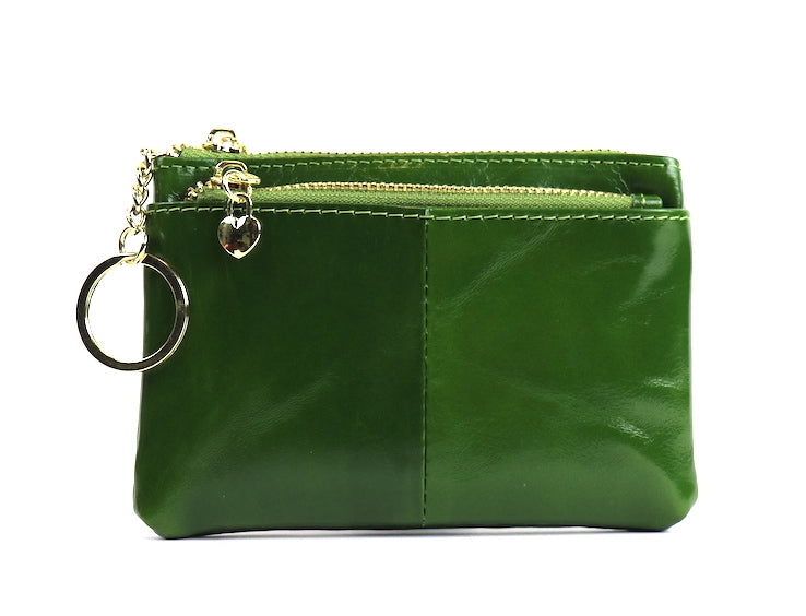 Green leather pouch with a silver zipper and key ring.