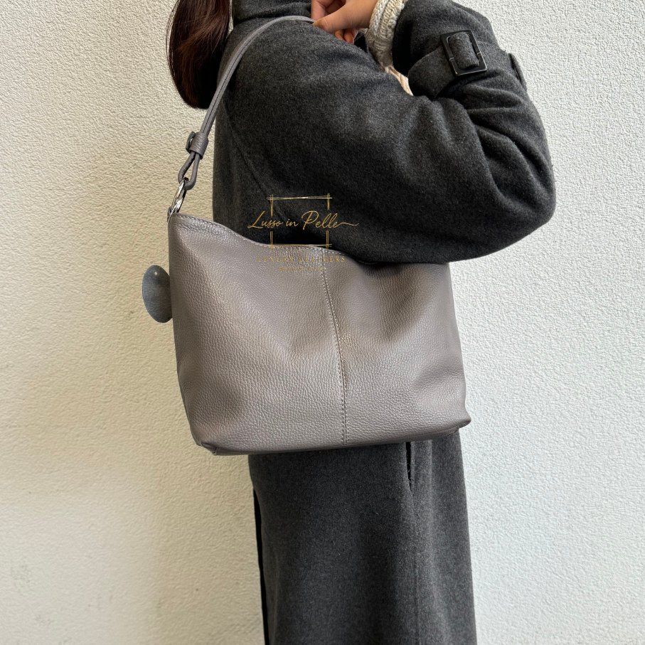 Italian Leather Shoulder/Crossbody Bag - Lussoinpelle Ash gray