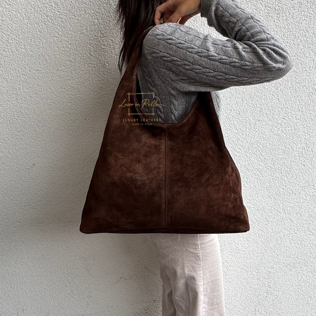 Double Handle Large Suede Shoulder Bag - Lussoinpelle Chocolate Tote bags