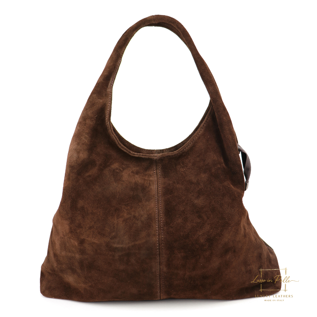 Double Handle Large Suede Shoulder Bag - Lussoinpelle Chocolate Tote bags
