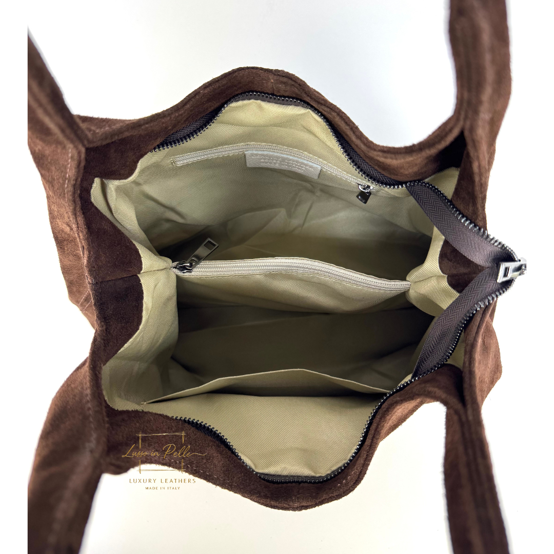 Double Handle Large Suede Shoulder Bag - Lussoinpelle Chocolate Tote bags