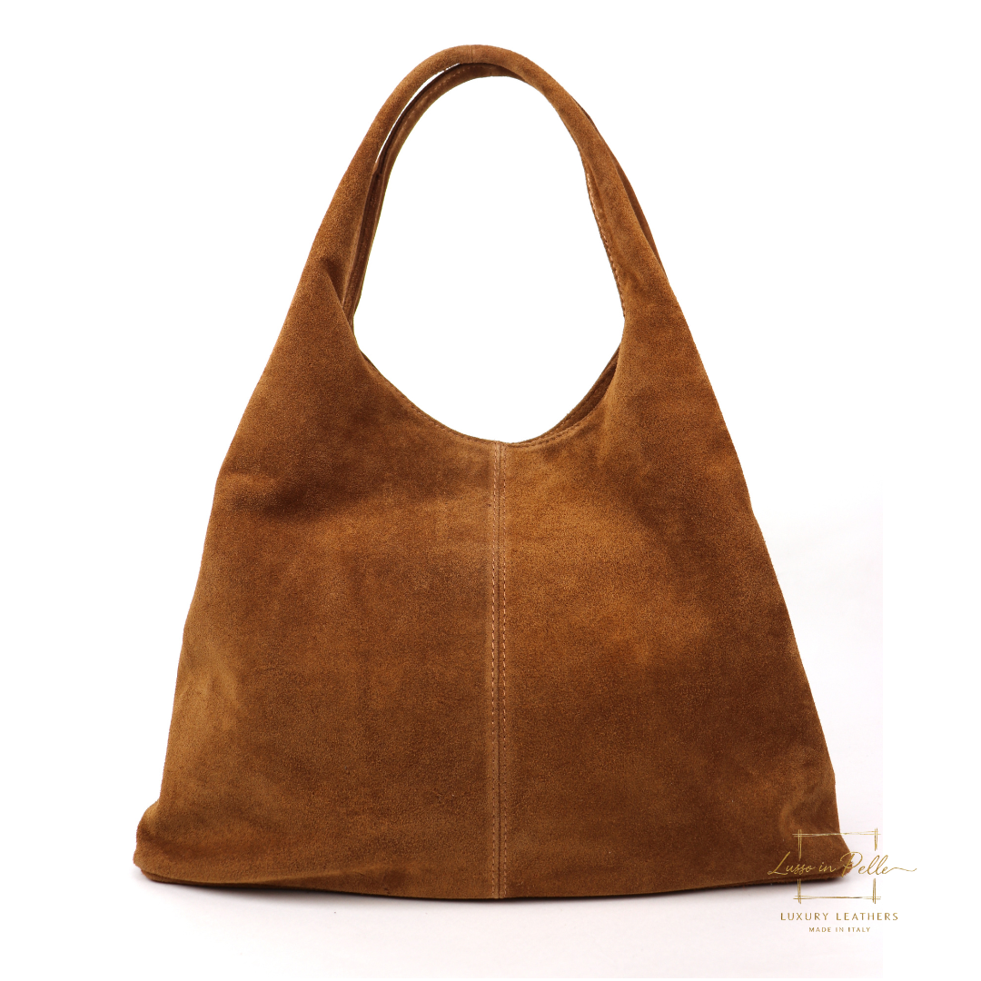 Double Handle Large Suede Shoulder Bag - Lussoinpelle Tan Tote bags