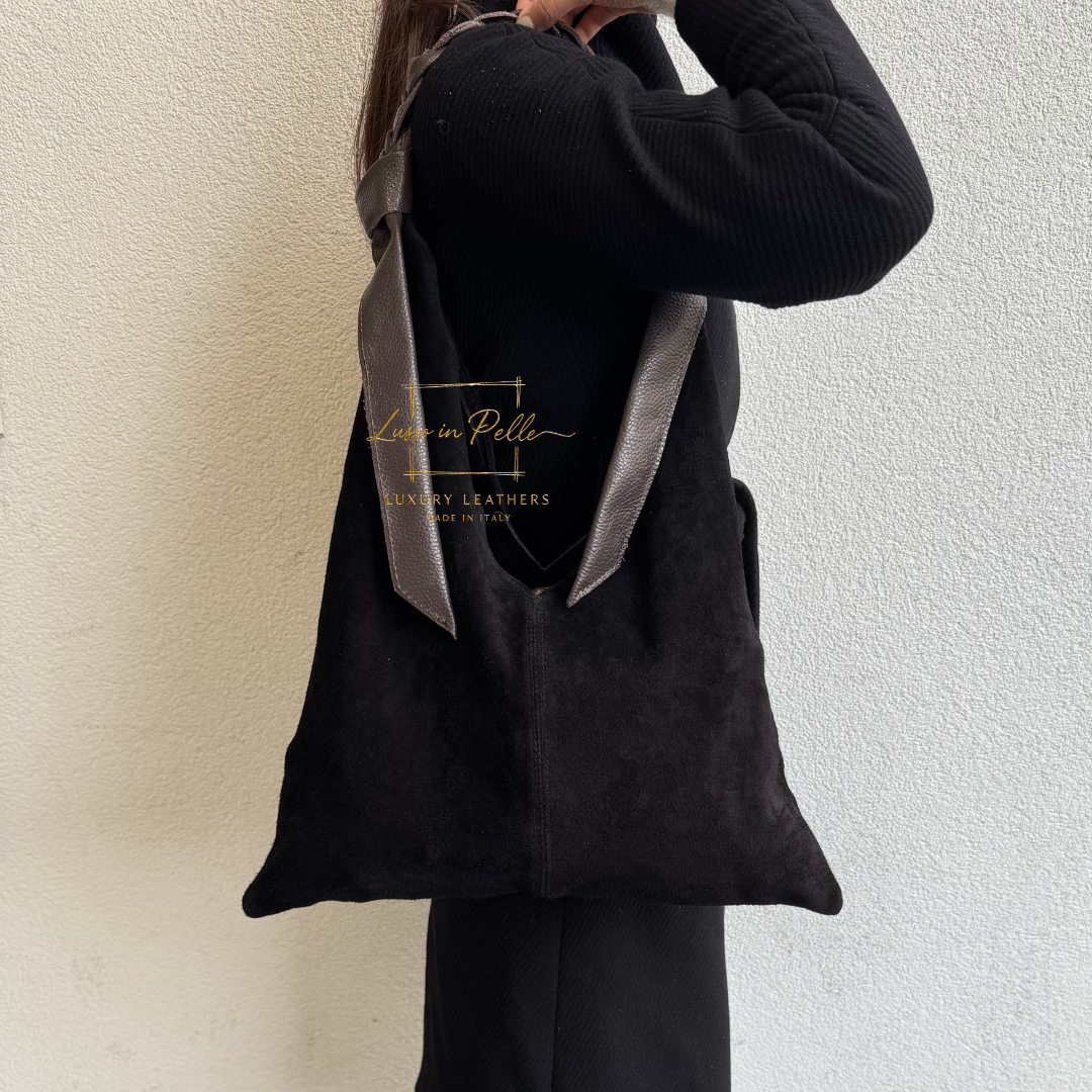 Suede Hobo Bag with Braided Leather Strap