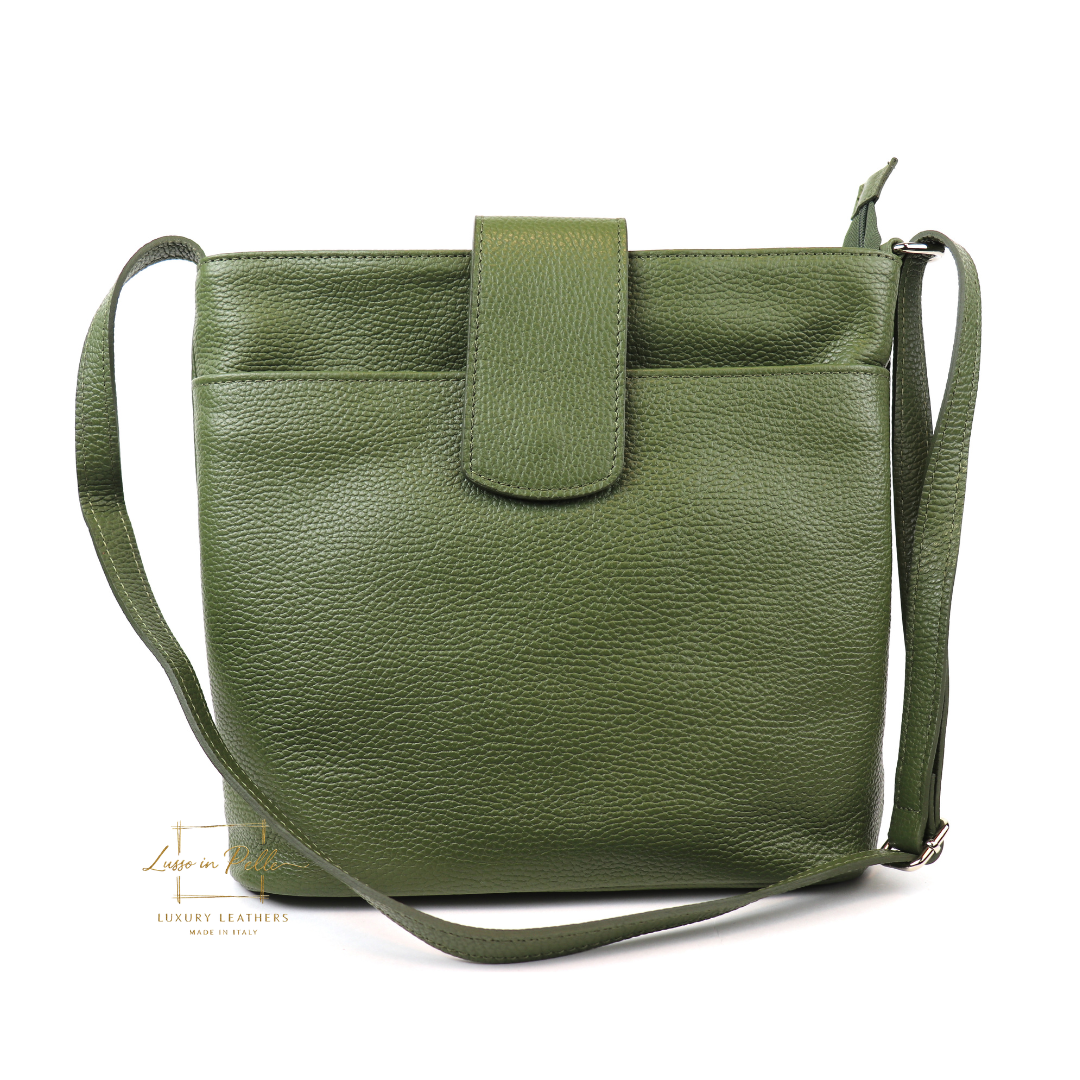 Italian Leather Shoulder/Crossbody Bag with Adjustable Straps - Lussoinpelle Olive