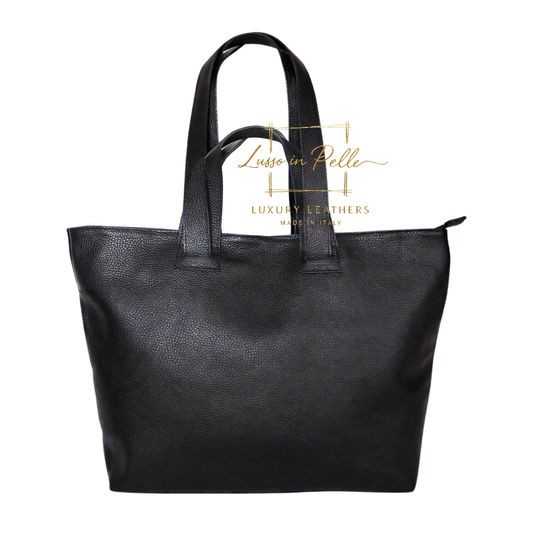 Large Grain Leather Tote Bag with Top Handle and Long Straps