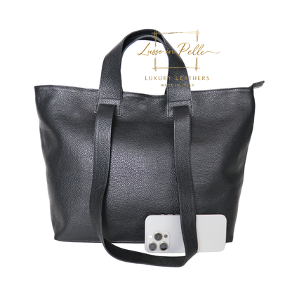 Large Grain Leather Tote Bag with Top Handle and Long Straps
