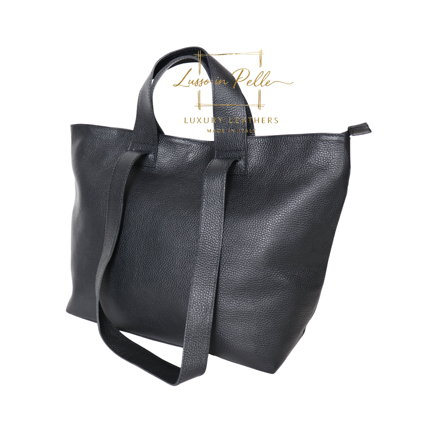 Large Grain Leather Tote Bag with Top Handle and Long Straps