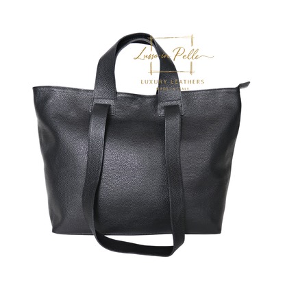 Large Grain Leather Tote Bag with Top Handle and Long Straps