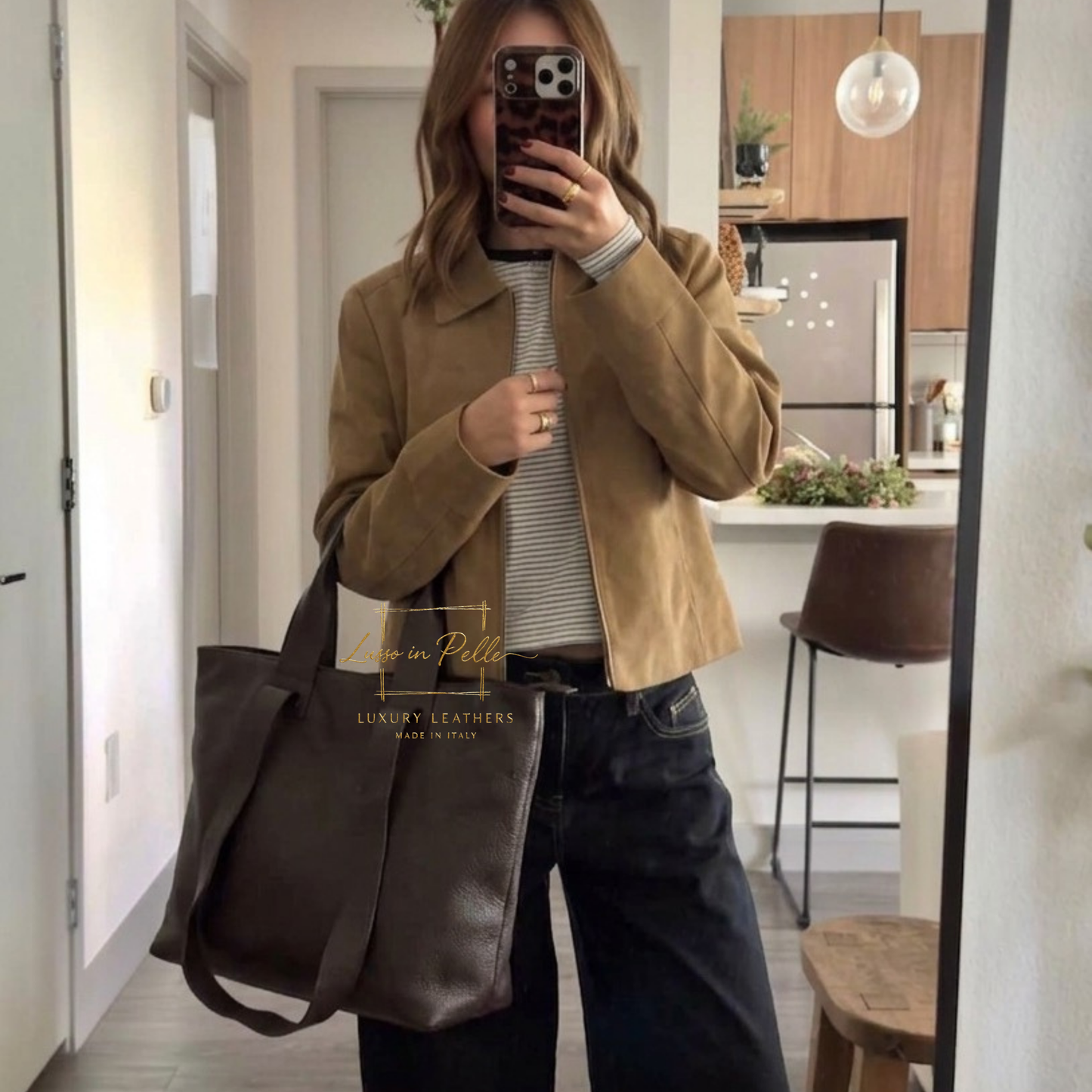 Large Grain Leather Tote Bag with Top Handle and Long Straps
