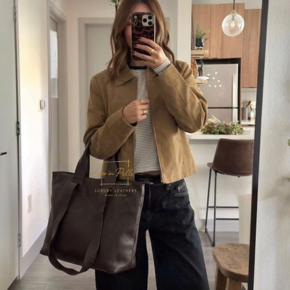 Large Grain Leather Tote Bag with Top Handle and Long Straps
