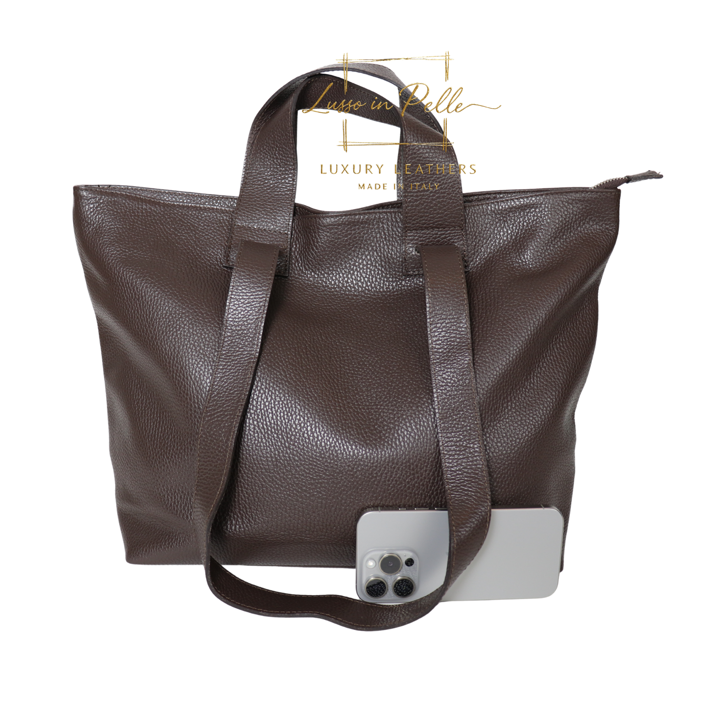 Large Grain Leather Tote Bag with Top Handle and Long Straps