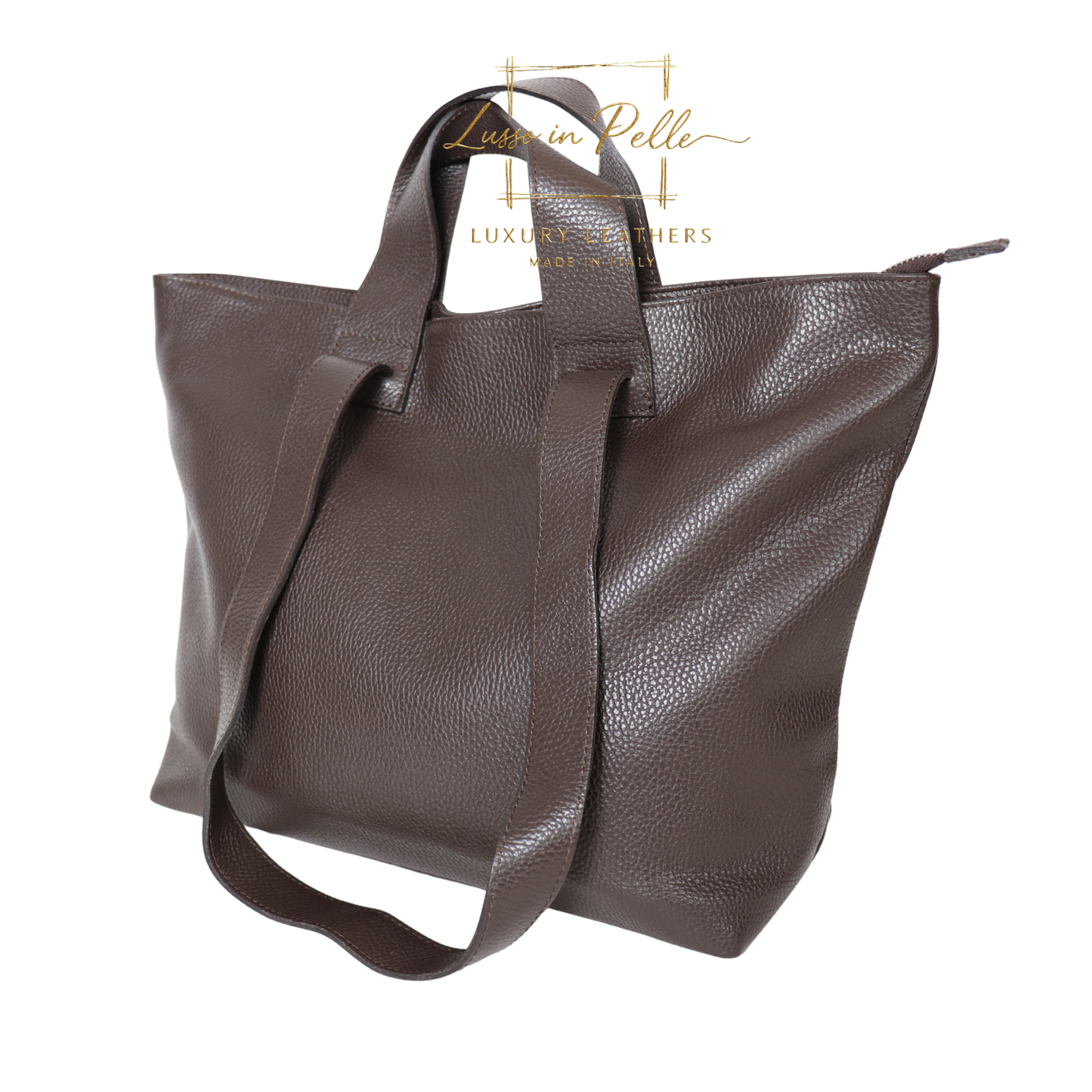Large Grain Leather Tote Bag with Top Handle and Long Straps