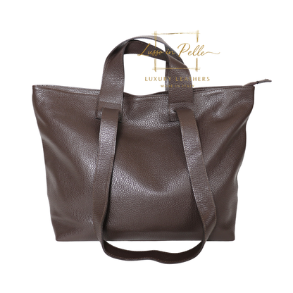 Large Grain Leather Tote Bag with Top Handle and Long Straps
