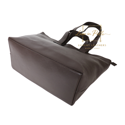 Large Grain Leather Tote Bag with Top Handle and Long Straps