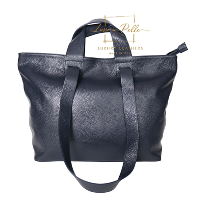 Large Grain Leather Tote Bag with Top Handle and Long Straps