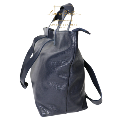 Large Grain Leather Tote Bag with Top Handle and Long Straps