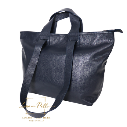 Large Grain Leather Tote Bag with Top Handle and Long Straps