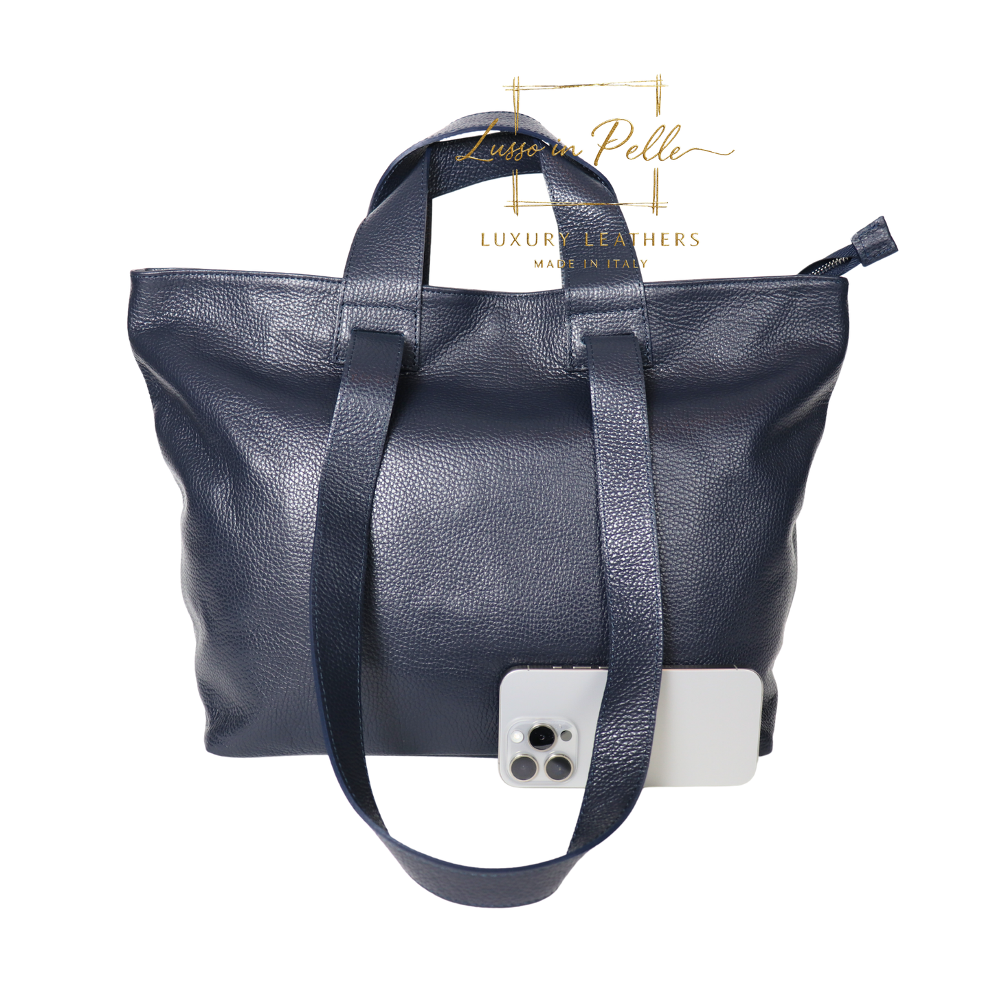 Large Grain Leather Tote Bag with Top Handle and Long Straps