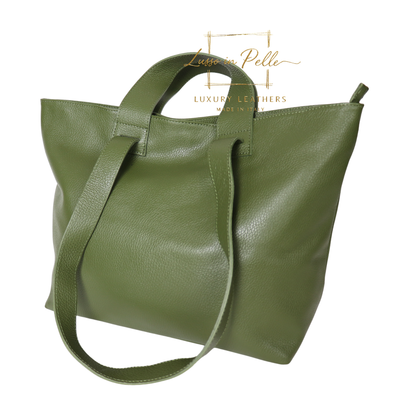 Large Grain Leather Tote Bag with Top Handle and Long Straps