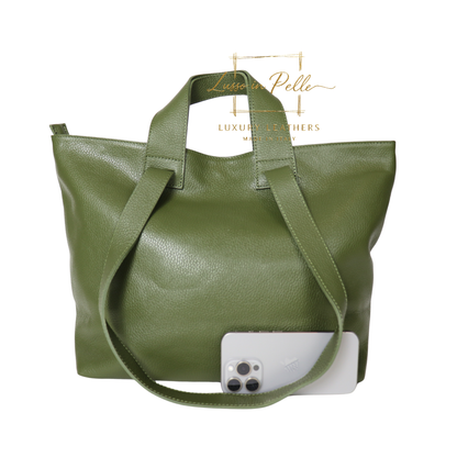 Large Grain Leather Tote Bag with Top Handle and Long Straps