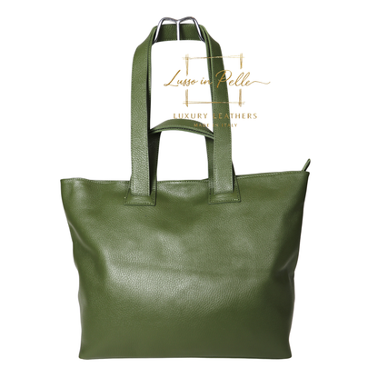 Large Grain Leather Tote Bag with Top Handle and Long Straps