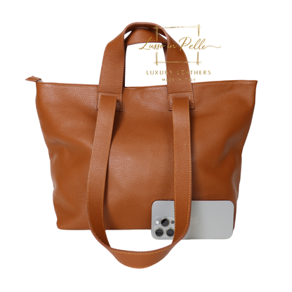Large Grain Leather Tote Bag with Top Handle and Long Straps