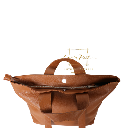 Large Grain Leather Tote Bag with Top Handle and Long Straps