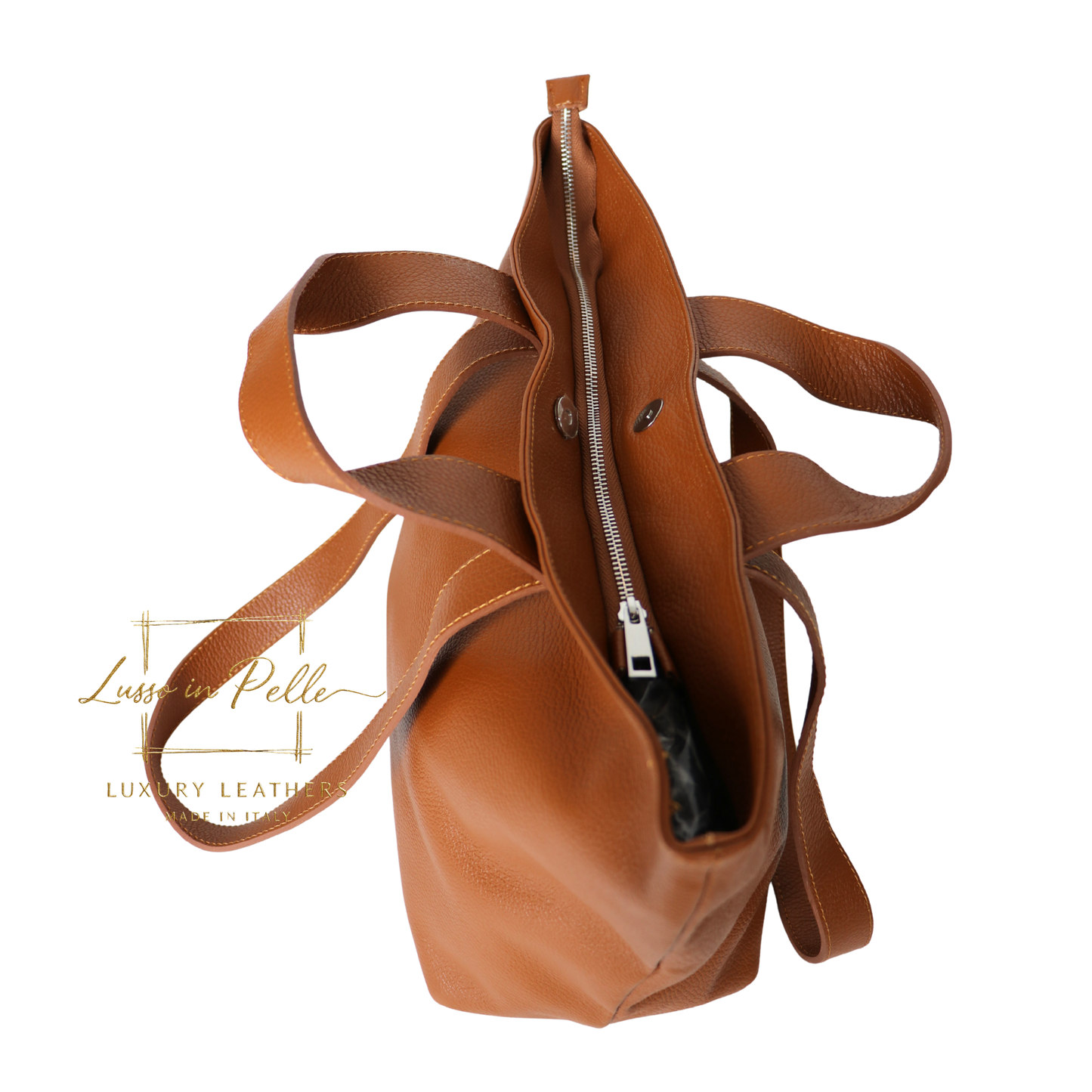 Large Grain Leather Tote Bag with Top Handle and Long Straps