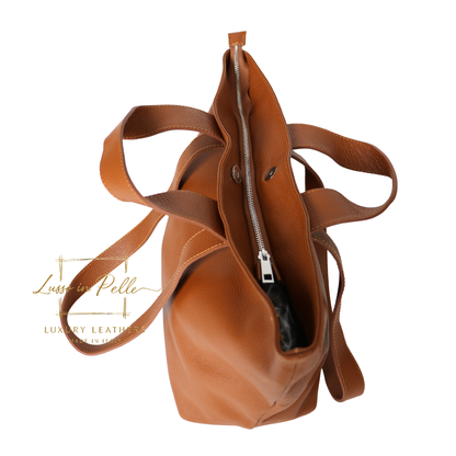 Large Grain Leather Tote Bag with Top Handle and Long Straps