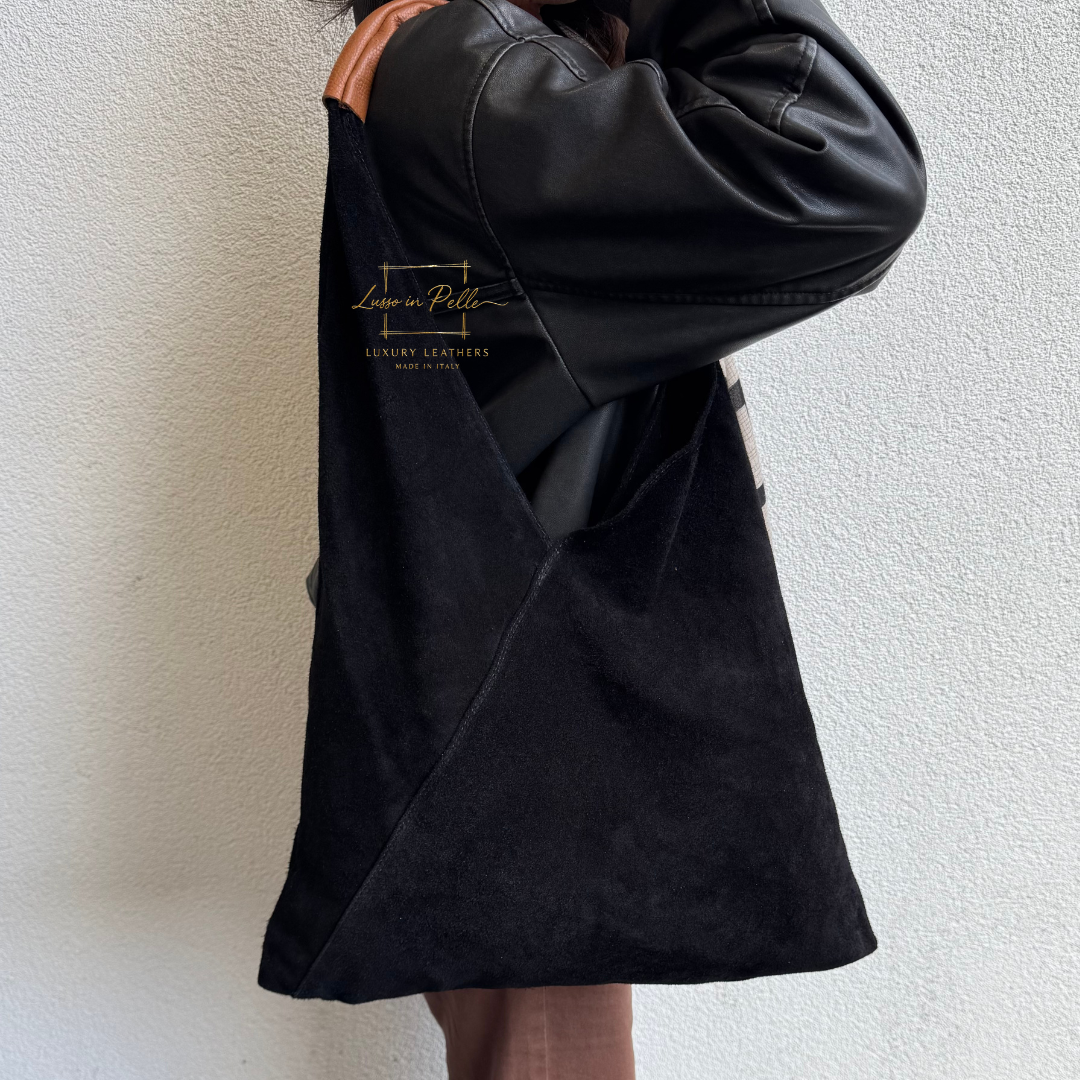 Cali Genuine Suede Large suede Hobo Bag with Tan Handle - Lussoinpelle Black Tote bags