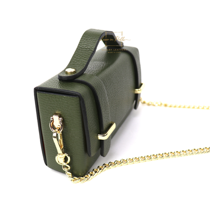 Small Genuine Leather Satchel Bag with Top Handle and Chain Straps