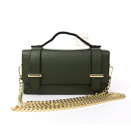Small Genuine Leather Satchel Bag with Top Handle and Chain Straps